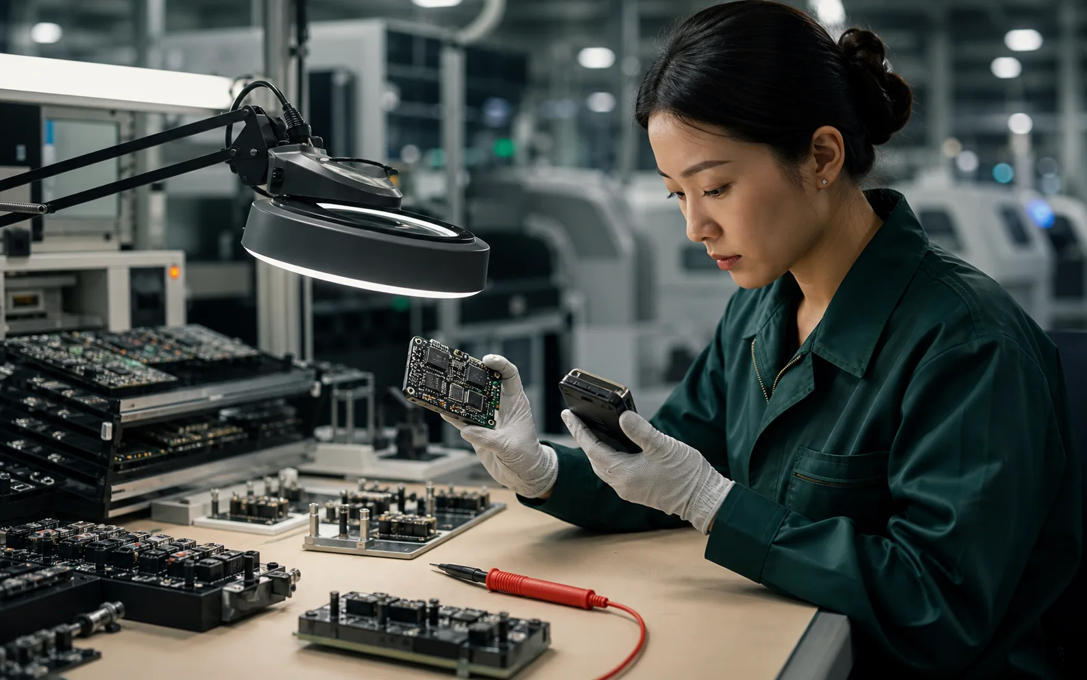 Electronics engineer inspecting a printed circuit board and smart device