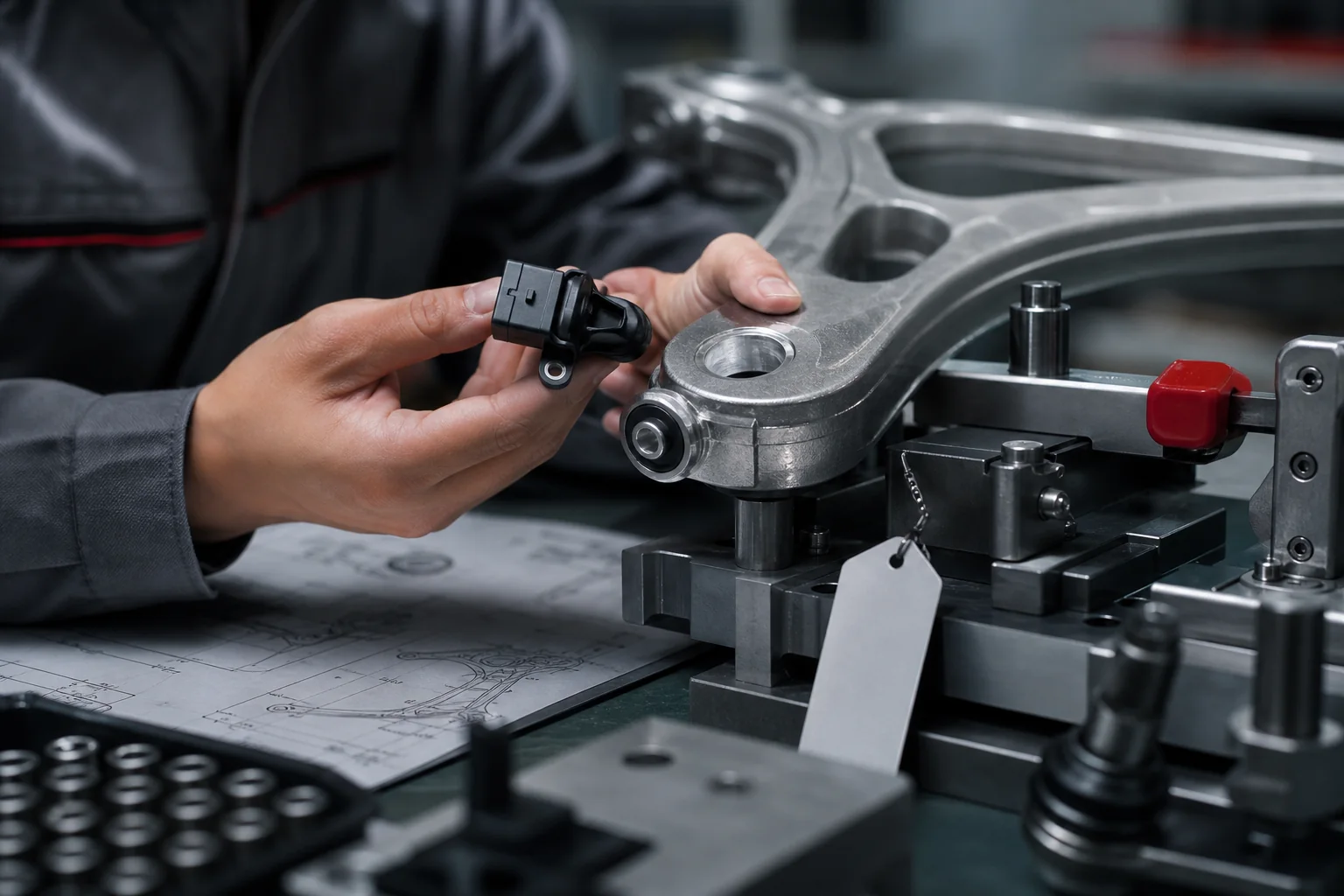 Automotive components in a quality control fixture
