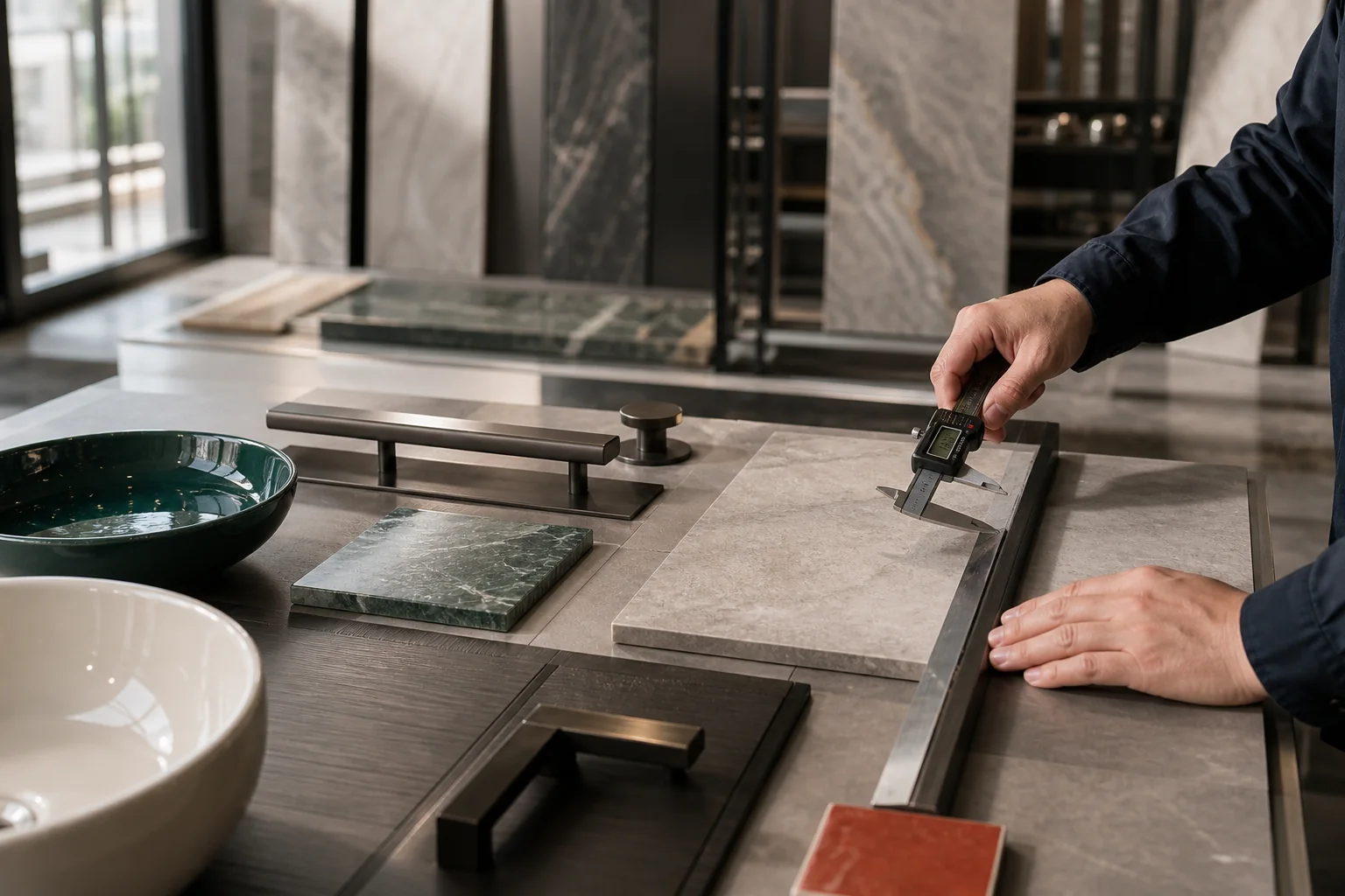 Architectural material samples being measured