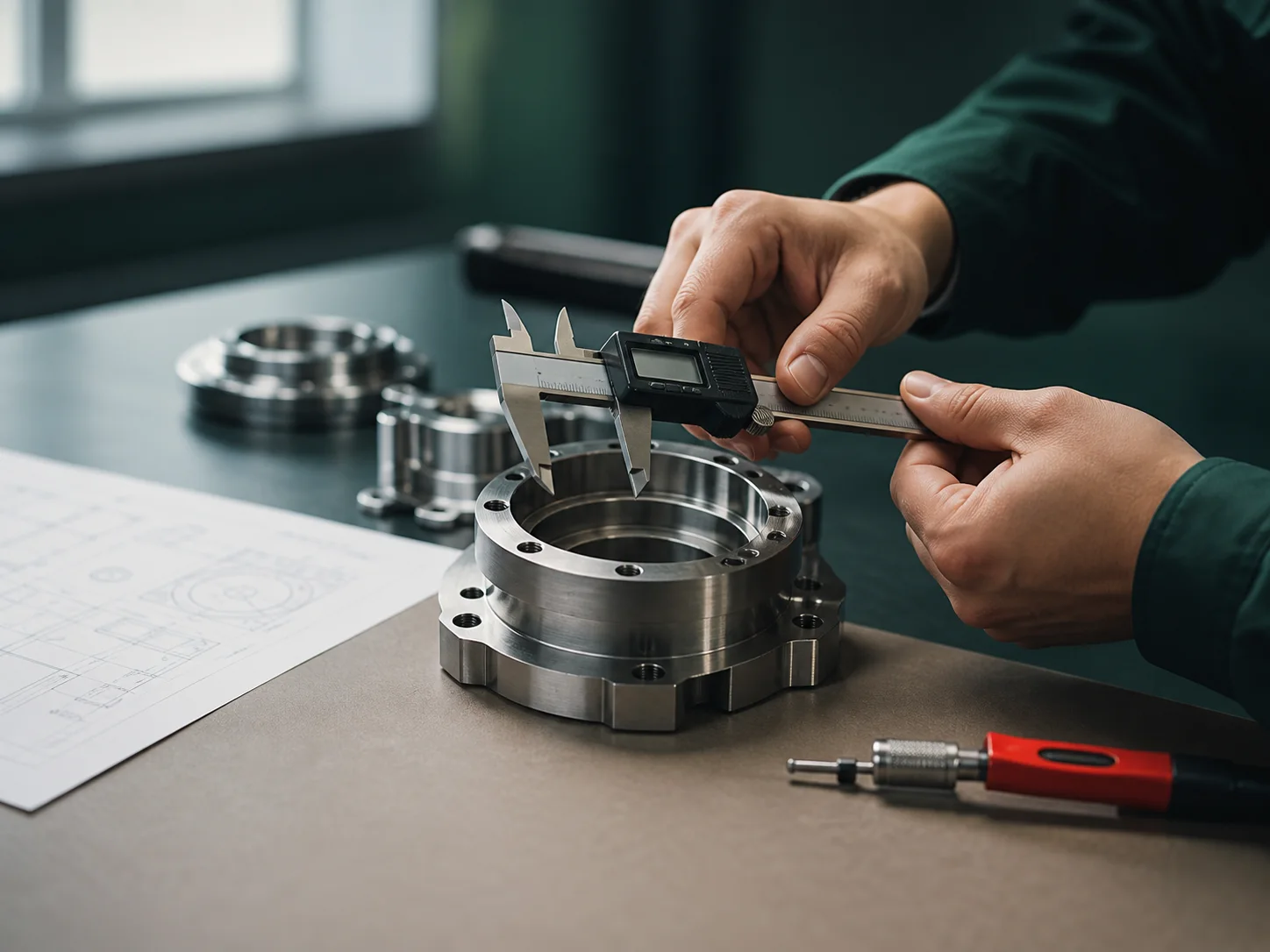 A quality inspector measuring a precision component
