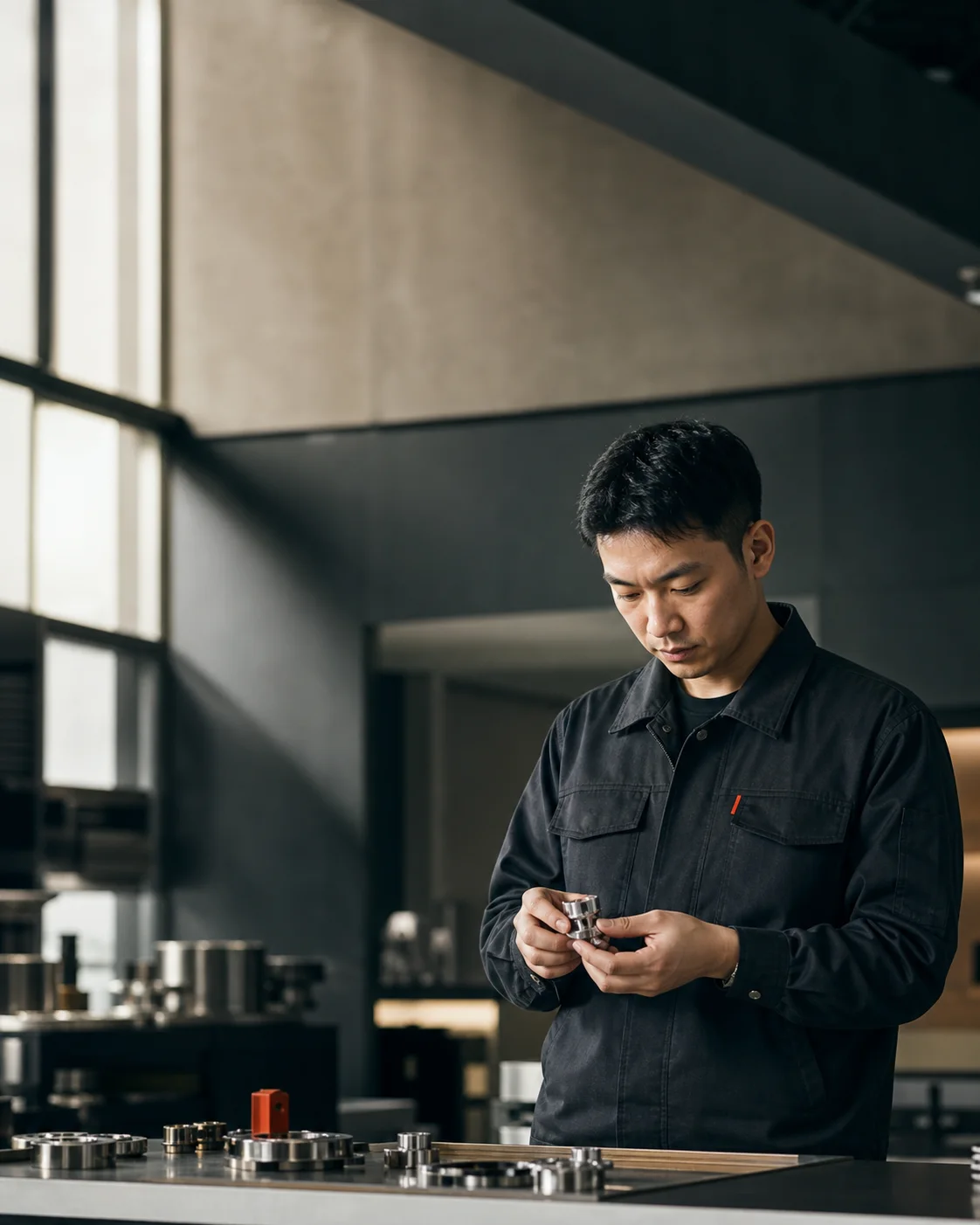 Quality specialist reviewing manufactured components in a modern Chinese factory