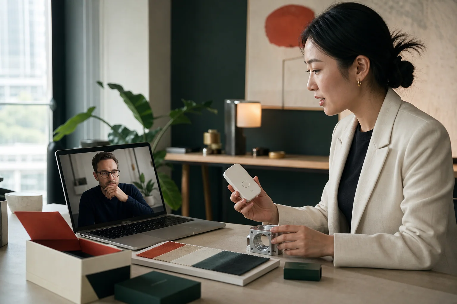 A China sourcing specialist discussing product samples with an international buyer
